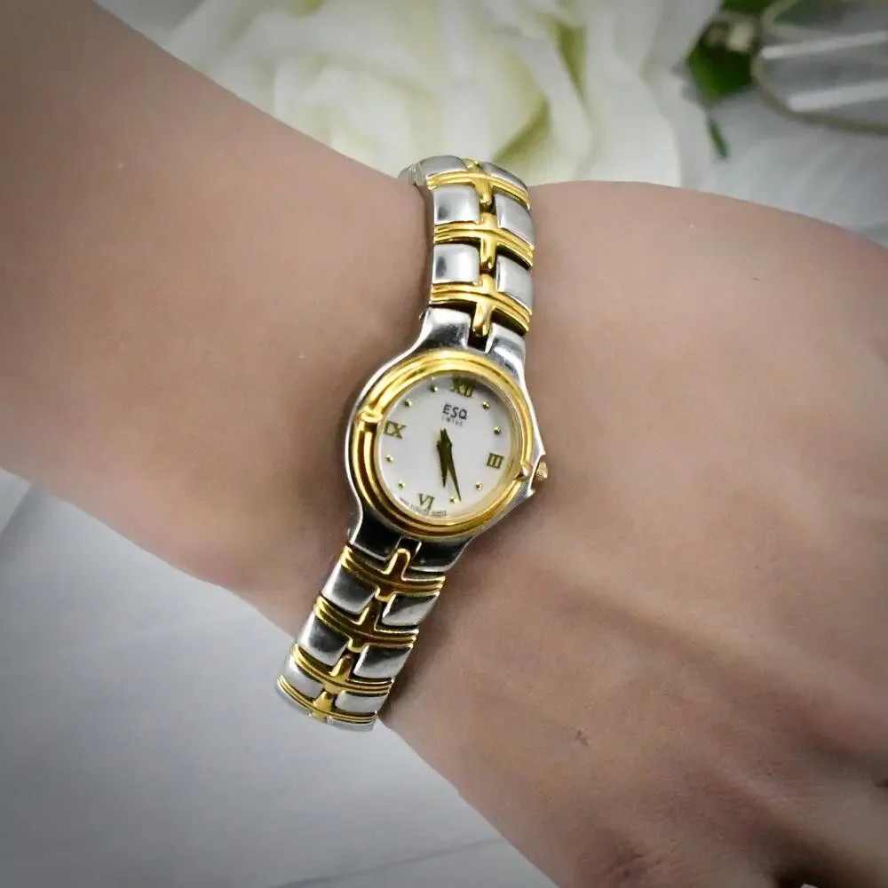Vintage ESQ Movado Womens Watch Two Tone Mother of Pearl Dial Date